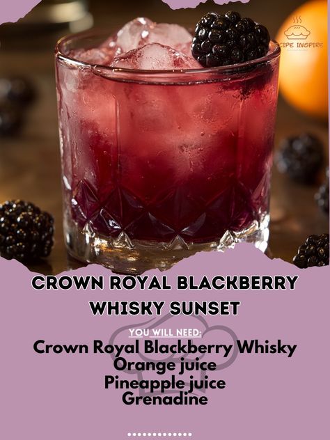 Crown Blackberry Recipes, Crown Royal Blackberry, Blackberry Crown Royal, Blackberry Crown Drinks, Blackberry Crown Royal Recipes, Crown Cocktails, Crown Drink, Bartender Drinks Recipes, Royal Recipe