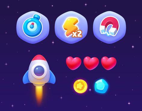 Space Game UI Space Game Design, Game Interface Design, Puzzle Game Ui, Mobile Game Ui, Game Button, Match Three, Logo Game, Match 3 Games, Game Icons