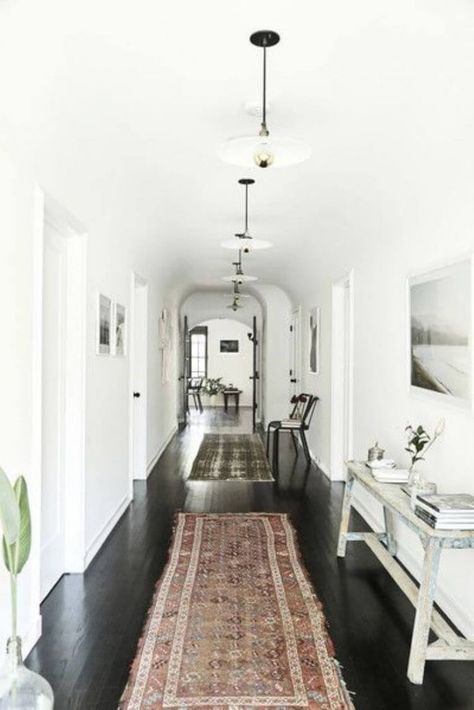 Hallway Photos, Dark Wood Floors Living Room, Painted Hardwood Floors, Bohemian Hallway, Black Wood Floors, Wood Floor Colors, Dark Wooden Floor, Painted Wood Floors, Living Room Wood Floor