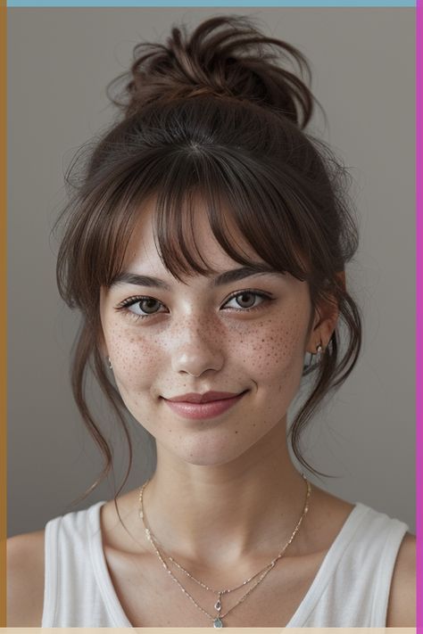 Hair In A Bun With Bangs, Woman Head Reference, People Photography Faces, Portrait Reference Female, Female Face Reference, Styling Bangs Tutorial, Updo With Bangs, Teen Bangs, Female Faces