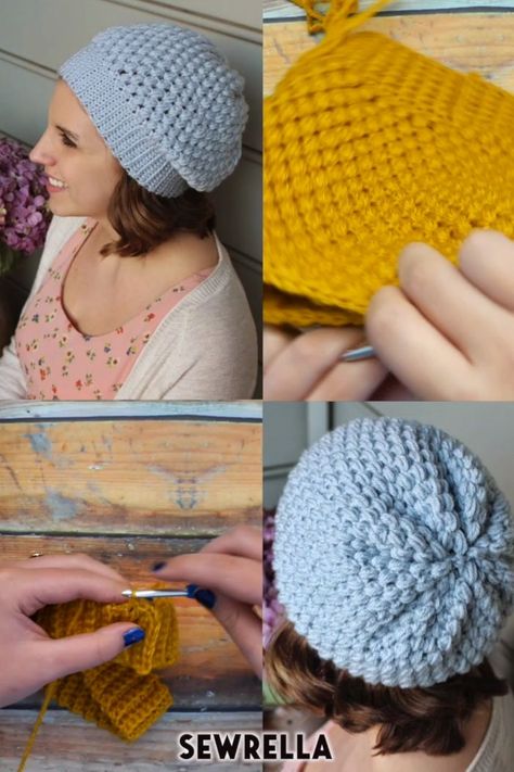 Pola Kupluk, Puff Stitch Beanie, Crochet Puff Stitch, Slouchy Hat Crochet Pattern, Beanie Pattern Free, Pola Topi, Crochet Beanie Pattern Free, Crochet Slouchy Hat, Easy Crochet Hat