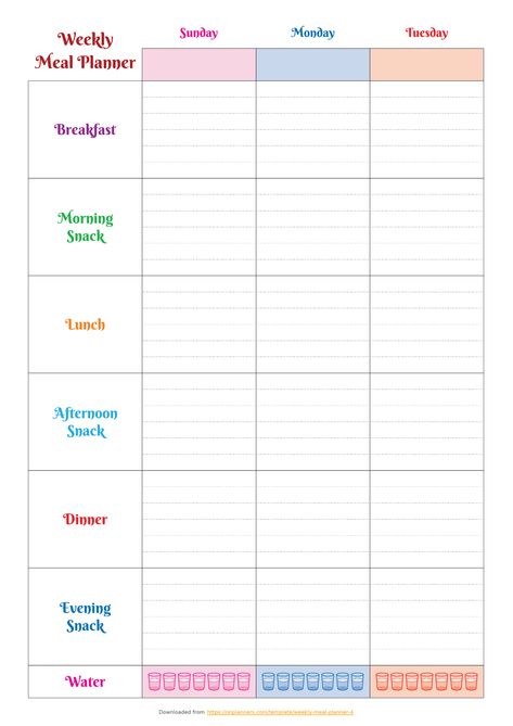 A meal plan template is a useful tool in each house, especially for big families. It helps you to plan what to cook in a simple way. This colourful template is divided into two pages for a week. You can find a big table with days of the week and all the necessary meals. It has the most complex meal list as it includes main meals and different snacks. It is a great way to keep track of your diet. It helps you to pay attention to all the calories and nutritional value of each snack you have during Weekly Meal Plan Family Printable, Meal Plan Worksheet, Meal Prep Chart Free Printable, Daily Meal Plan Template, Weekly Meal Planner Template Editable, 3 Meals A Day Plan, Meal Plan Template Printable Free, Week Meal Plan Template, Daily Diet Meal Plan