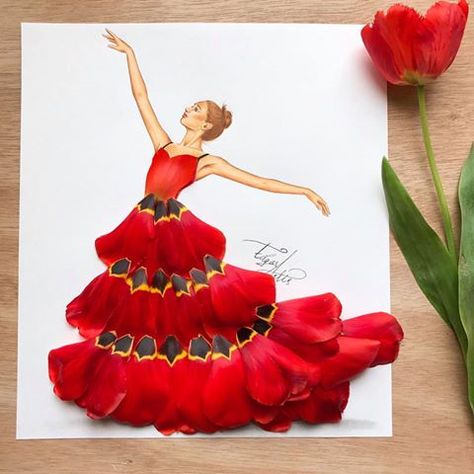 Dress made out of tulip petals by Edgar Artis Pokemon Mignon, Flower Dress Art, 3d Drawings, Creative Artwork, Fashion Illustrator, Floral Fashion, Art Dress, Arte Floral, Flower Fashion