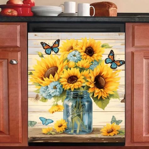 PRICES MAY VARY. MATERIAL → This Farmhouse Sunflower Dishwasher Decal Cover are made of PET vinyl film applied to industrial grade, with a high gloss top coating for protection against heat, fade, scratches, water, tears, and bubble resistant. Widly Use → Our Mason Jar Floral Magnet Sticker Suitable for interior use any other smooth surface. Sunflower Magnet suits for your dishwasher,refrigerator, washing machine, dryer, and many other appliances! Sunflower dishwasher Sticker → Update your dishw Dishwasher Sticker, Flower Kitchen Decor, Dishwasher Panel, Magnet Sticker, Refrigerator Panels, Flower Kitchen, Floral Magnets, Dishwasher Magnet, Door Covers