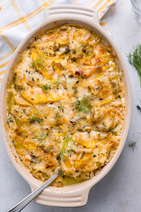 This glorious, homestyle vegetable gratin is a warm cheesy side dish that goes with anything. Layered with fennel, leeks, butternut squash and tender slices of rutabaga, it's an easy, butternut squash casserole the whole family loves. Rudabega Recipes, Fall Casserole Recipes, Fall Meal Ideas, Squash Ideas, Fall Casserole, Rutabaga Recipes, Easy Fall Dinner Recipes, Vegetable Gratin, Fall Casseroles