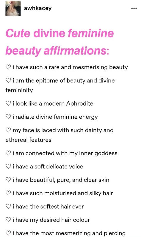 Feminine Flowy Style, Divine Beauty Affirmations, Glow Up Manifestation Affirmations, Beauty Subliminal Affirmations, Beauty Manifestation Affirmations, Beauty Affirmations Law Of Assumption, Beauty Affirmations Law Of Attraction, It Girl Affirmations, Beautiful Affirmations