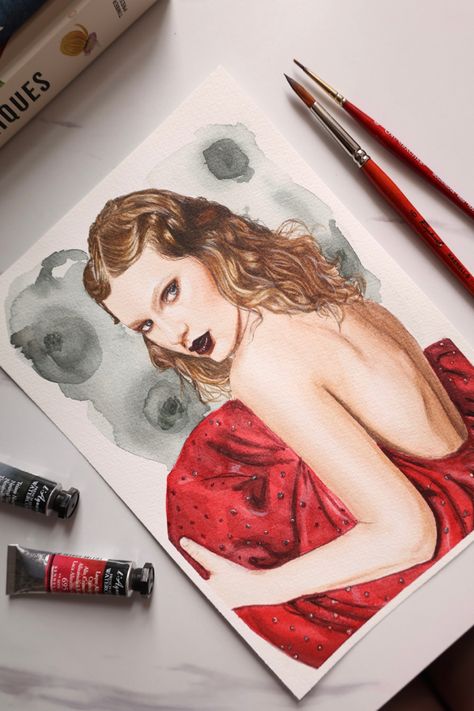 Taylor Swift Watercolour Painting, Watercolor Taylor Swift, Taylor Swift Watercolor, Taylor Painting, Taylor Swift Painting, Taylor Swift Art, Taylor Swift Drawing, Painting Night, Retro Painting