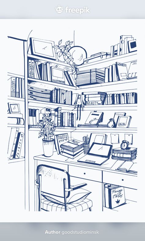 Home Library Illustration, Library Room Drawing, Bookshelves Drawing, Library Room Ideas School, Home Library Bookshelves, Library Sketch, Library Room Ideas, Library Drawing, Journal Banner