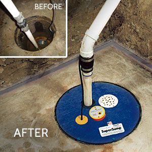 Submersible sump pump with SuperLiner basin Sump Pump Cover Ideas, Pump Cover Ideas, Sump Pump Drainage, Sump Pump Installation, Basement Systems, Basement Finishing, Bathroom Model, Waterproofing Basement, Pump Cover