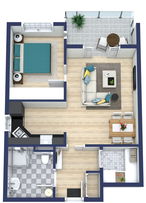 A teal and beige 3D one bedroom floor plan with separate laundry, a semi open concept, a square bathroom, L-shaped kitchen layout, and a balcony. Semi Open Concept, One Bedroom House Plans, Teal And Beige, Bedroom Floor Plan, Square Bathroom, One Bedroom House, Shaped Kitchen, 3d Floor Plan, App Home