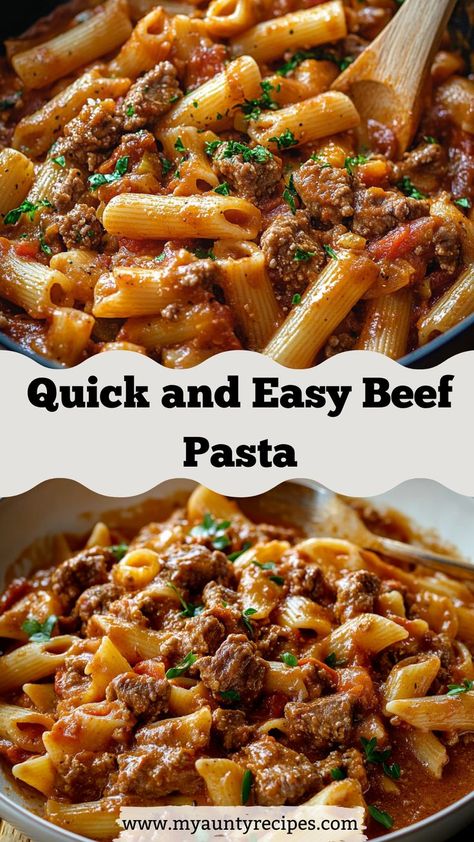 Whip up this quick and delicious beef pasta with homemade tomato sauce in under 30 minutes! With simple ingredients and hearty flavors, it's an ideal choice for busy weeknights and guaranteed to please the entire family. Perfect for those who love a hearty dish! Pasta With Beef Recipes, Tomato Based Pasta Recipes, Easy Dinner Recipes Beef, Beef And Pasta Recipes, Meat Pasta Sauce, Pasta In Tomato Sauce, Pasta With Beef, Beef And Pasta, Beef Pasta Recipes