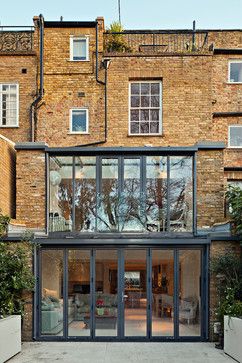 Townhouse Extension, London Extension, Terrace Kitchen Extension, Rear Extension Ideas, Industrial House Exterior, Beam House, Industrial Exterior, Basement Conversion, Side Return Extension