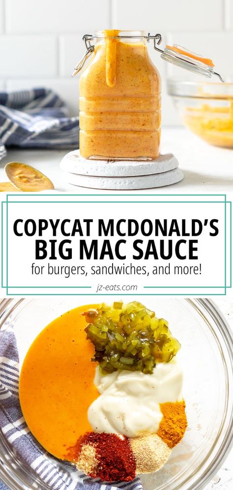 Copycat McDonald's Big Mac Sauce is here to give you the taste of childhood. Enjoy it with burgers, chicken tenders, or sandwiches! Big Mac Hot Dog, Copycat Sauce Recipes, Healthy Big Mac Sauce, Big Mac Sauce Recipe Copycat, Copycat Big Mac Sauce, Copycat Big Mac, Burger Dog, Mcdonald's Big Mac, Dressings Recipes