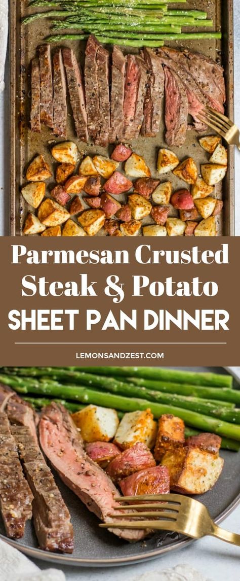 Dinner on one pan with this Parmesan Crusted Steak and Potato Sheet Pan Dinner means simple and delicious dinner without the extra dishes! Juicy flank steak and crispy potatoes served with asparagus. A full meal on one pan! #dinner #sheetpandinner #dinnerrecipe #easyrecipe #dinnertime #steak #steakandpotatoes Potato Sheet Pan Dinner, Potato Sheet Pan, Parmesan Crusted Steak, Crusted Steak, Parmesan Crusted, Crispy Potatoes, Steak Dinner, Flank Steak, Sheet Pan Dinners