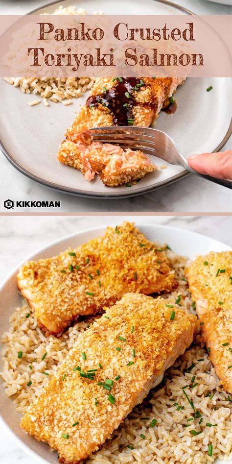 Panko-Crusted Teriyaki Salmon | This breaded baked salmon is a classy (and easy!) alternative to fish and chips. A 10-minute fish marinade brings an extra layer of teriyaki flavor to the mix, and Kikkoman® Panko Bread Crumbs are the easiest way to get an amazing crispy crust without frying. Salmon is an excellent source of protein and rich with omega-3 fatty acids. Oven-bake your fish for a healthy meal, then serve with French fries, baked polenta fries, or even zucchini fries! #Kikkoman Salmon Bread Crumbs Recipe, Salmon With Bread Crumbs Oven Baked, Salmon With Panko Bread Crumbs, Panko Salmon Air Fryer, Panko Salmon Recipes, Breaded Salmon Recipes, Panko Salmon, Salmon Panko, Panko Crusted Salmon