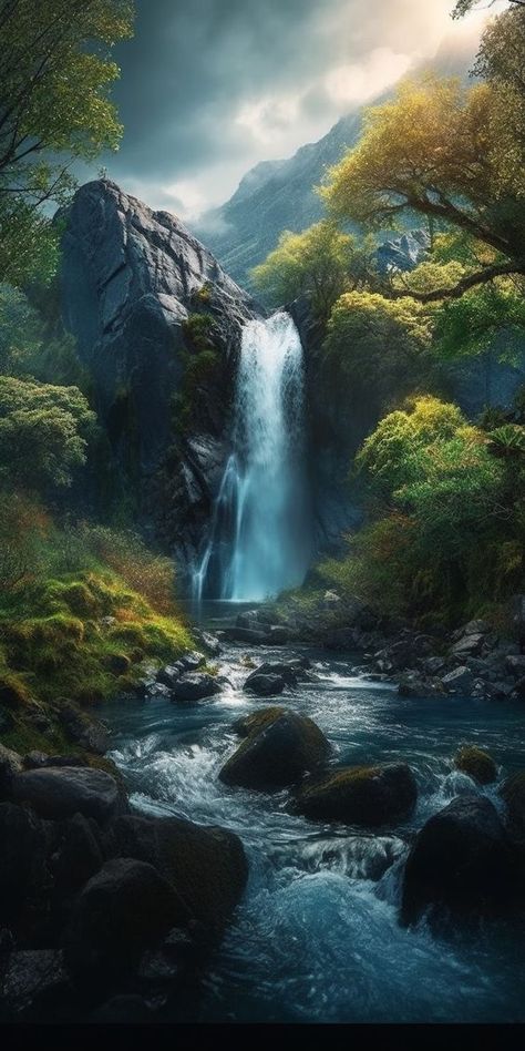 Waterfall Fantasy Landscape, Waterfall Scenery Photography, Waterfall Painting Landscape, Fantasy Waterfall Art, Waterfall Landscape Photography, Waterfall Art Painting, How To Paint Waterfall, Painting Of Waterfall, Paint Waterfall