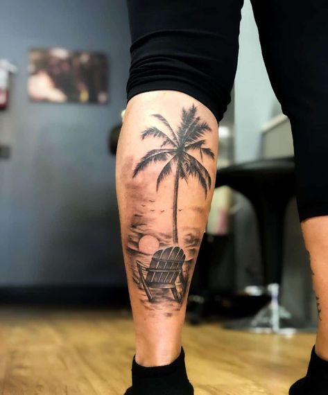 Palm Tree With Sunset Tattoo 1 Palm Tree Sleeve Tattoo Women, Beach Sunset Tattoos For Women, Womens Back Of Calf Tattoo, Beach Calf Tattoo, Palm Tree With Sunset Tattoo, Palm Tree Beach Tattoos, Palmetto Tree Tattoo, Freedom Tattoo Men, Beach Tattoo For Men