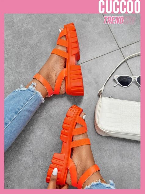 CUCCOO Trending Buckle Decor Ankle Strap Wedge Sandals | SHEIN USA Orange Sandals, Chunky Platform Sandals, Orange Wedges, White Sandals Heels, Sandals Outfit, Aqua Shoes, Orange Shoes, Ankle Strap Wedges, Strap Wedge