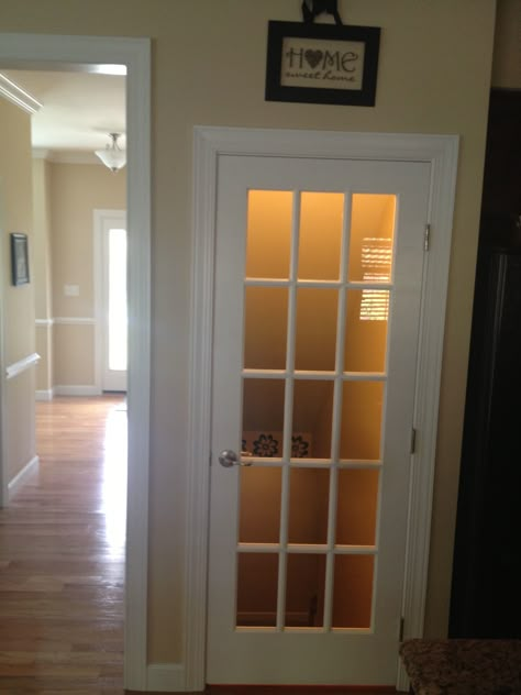 French Door to Basement Glass Door Basement Stairs, Door For Basement Stairs, French Door To Basement, Glass Door To Basement, Interior Basement Door Ideas, Basement Door In Kitchen, Basement Door Ideas Interior, Basement Door Ideas, Door To Basement