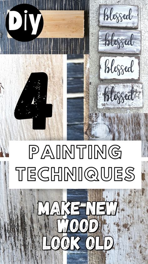 How To Paint Wood To Look Distressed, How To Do Rustic Paint On Wood, How To Make Wood Look Old Rustic Vintage Signs, How To Rustic Paint Wood, Wood Painting Techniques Diy, Diy Rustic Painting, Antiqueing Wood With Paint, Distress Wood Diy Paint Techniques, How To Make Painted Wood Look Distressed