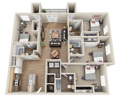 Small Apartment Layout, House Plans Design, Case Minecraft, 4 Bedroom House Designs, Three Bedroom House Plan, 3d Floor Plans, Modern House Floor Plans, 3d House Plans, 4 Bedroom Apartments