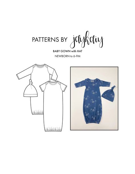 Baby Gown & Hat Set sewing pattern with tutorial— Newborn to 9M. - Beginner Friendly - Picture & Video Tutorial Shop baby patterns at www.jaykaiy.com Layette Pattern, Ruffled Baby Bloomers, Onesie Pattern, Newborn Pattern, Newborn Sleeper, Gown Sewing Pattern, First Sewing Projects, Picture Tutorial, Hat Patterns To Sew