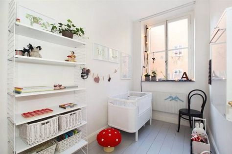 pure white String Shelf, Painted Wood Floors, Small Kids Room, Simple Nursery, Grey Wood Floors, White Crib, Swedish Style, Flooring Inspiration, White Rooms