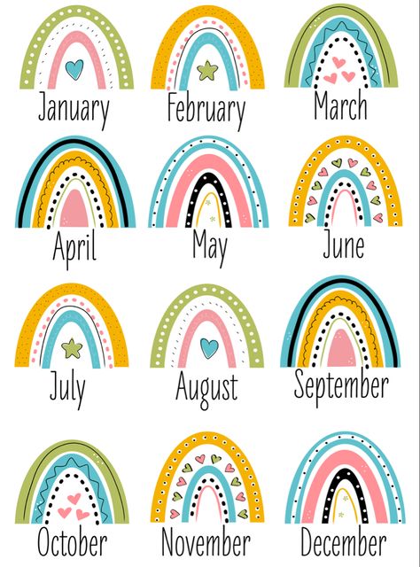 Rainbow theme months of the year Rainbow Class Theme, Teacher Door Decorations, Free Classroom Printables, Easy Preschool Crafts, Boho Rainbow Classroom, Birthday Banner Template, Classroom Welcome, Class Displays, Classroom Birthday