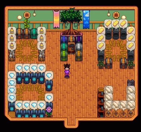 Stardew Valley Shed Layout with furnace in top right corner, oil maker in top left corner, Crystalarium in bottom left corner, wool in bottom right corner. Stardew Valley Furnace, Stardew Valley Shed Ideas, Stardew Valley Shed Layout, Shed Layout, Stardew Valley Decoration Ideas, Shed Designs, Stardew Valley Layout, Stardew Valley Farms, Craft Shed