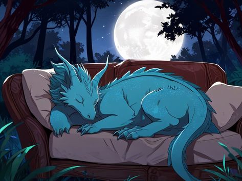 Dragon sleeping on sofa forest moonlight fullmoon nigh 1 Forest Moonlight, Dragon Sleeping, Sleeping Dragon, Kids Book, Book Illustrations, Kids' Book, Drawing Ideas, Picture Book, Beautiful Art