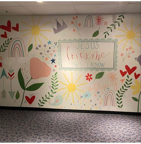 Sunday School Murals Children Church, Paint For Classroom Walls, Classroom Murals Preschool, Sunday School Wall Murals, Prek Church Classroom, Classroom Themes Christian, Sunday Classroom Decor, Nursery Church Ideas, Toddler Sunday School Room Decor