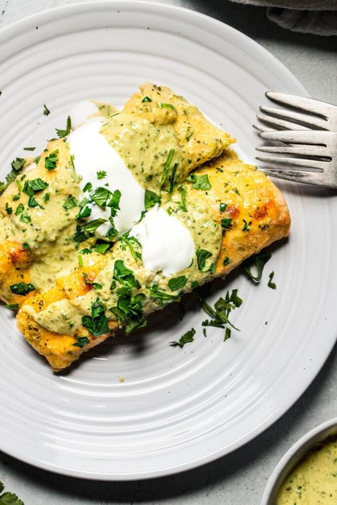 These Poblano Enchiladas put a smoky, creamy twist on classic red enchiladas! Filled with shredded chicken, covered in my Roasted Poblano Cream Sauce, and topped with melted cheese, every bite of this Mexican-inspired meal is more mouthwatering than the last. Poblano Chicken Enchiladas, Creamy Poblano Chicken, Chardonnay Food Pairing, Poblano Enchiladas, Poblano Cream Sauce, Poblano Chicken, Poblano Sauce, Corn Soup Recipes, Make Shredded Chicken