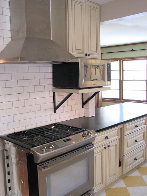 Microwave On Shelf In Kitchen, Microwave On Shelf, Microwave Shelf Over Stove, Memphis Kitchen, Microwave Design, Mounted Microwave, Kitchen Open Shelves, Microwave Shelf, Microwave In Kitchen