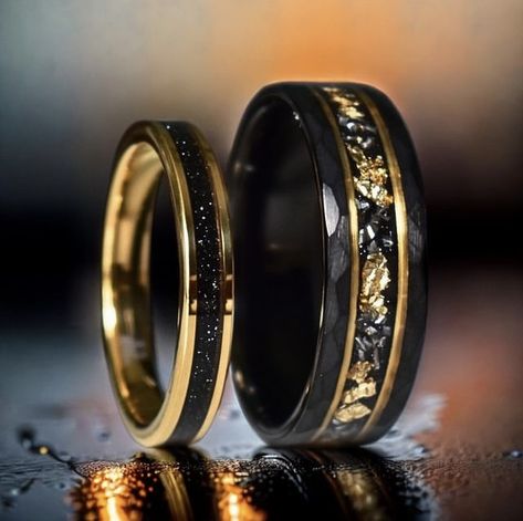 His And His Wedding Rings, Matching Couple Wedding Rings, Couple Marriage Rings, Black Wedding Ring Set, Black Wedding Set, His And Hers Engagement Rings, Fantasy Couple Rings, Couple Wedding Rings Gold, Black And Gold Wedding Rings