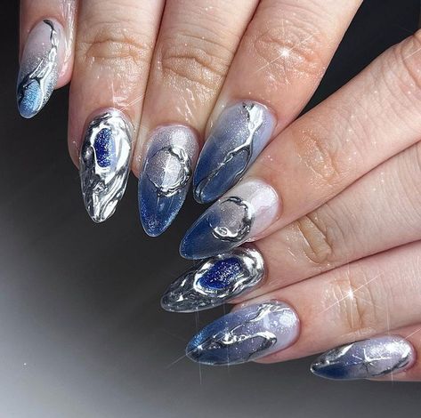 Navy And Silver Nails, Nails Builder Gel, Blue And Silver Nails, Blue Gel Nails, Opal Nails, Wow Nails, Nail Art Studio, Blue Y2k, Basic Nails