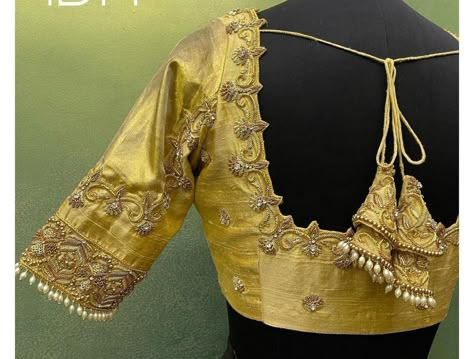 Aari Work Blouse Hangings, Maggam Work Hangings, Maggam Hangings For Blouses, Gold Blouse Designs Latest Simple, Gold Blouse Maggam Work, Gold Colour Blouse Designs, Gold Blouse Designs Latest, Simple Wedding Blouse Designs, Gold Blouse Designs