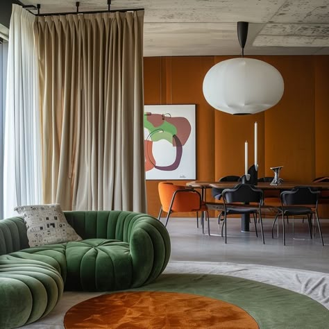 Love a ceiling mounted curtain #velvet #green #orange #interior #midjourney #aiinteriors Green And Orange Interior, Green Orange Interior, Bright Green Interior, Green Curtains Bedroom, Curtain Velvet, Orange Curtains, Orange Interior, Green Curtains, Orange House