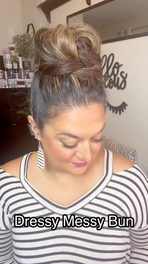 Gina Dinko on Instagram: “We shall deem this the “Dressy Messy Bun” 😂 #hair #hairhack #hairstyle #hairtutorial #easyhairstyles #messybun” Messy Bun With Scrunchie Tutorial, Dressy Messy Bun, Messy Buns For Thick Hair, Dressy Bun Hairstyles, Cocktail Party Updo Hairstyles, Sloppy Bun Hairstyles, How To Do A Messy Bun Step By Step, Ponytail Bun Hairstyles, Easy Messy Buns For Long Hair