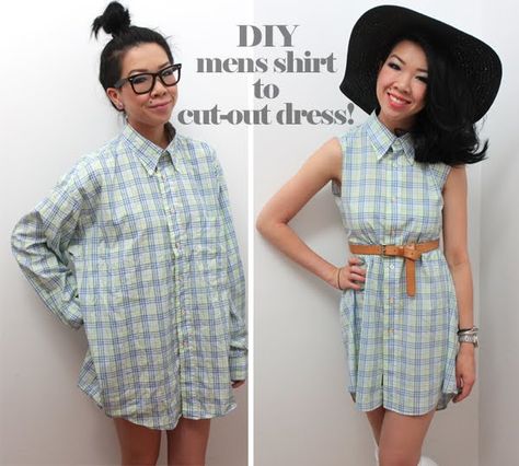 DIY tutorial - mens shirt to cut-out dress. this would look so cute on my daughter for a summertime service dress! Mens Shirt To Dress, Shirt Into Dress, Shirt Reconstruction, Umgestaltete Shirts, Robe Diy, Diy Sy, Diy Tumblr, Diy Vetement, Shirt Refashion