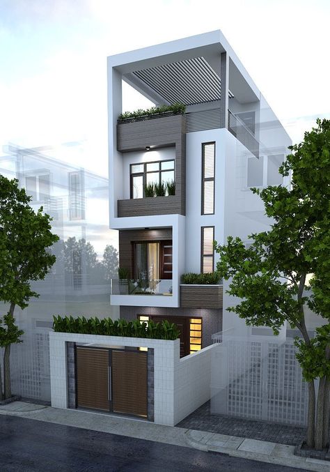 3 Storey House Design, Narrow House Designs, Home Designs Exterior, Narrow House Plans, Pelan Rumah, A Modern House, Luxury Home Accessories, Small House Elevation, Small House Design Exterior