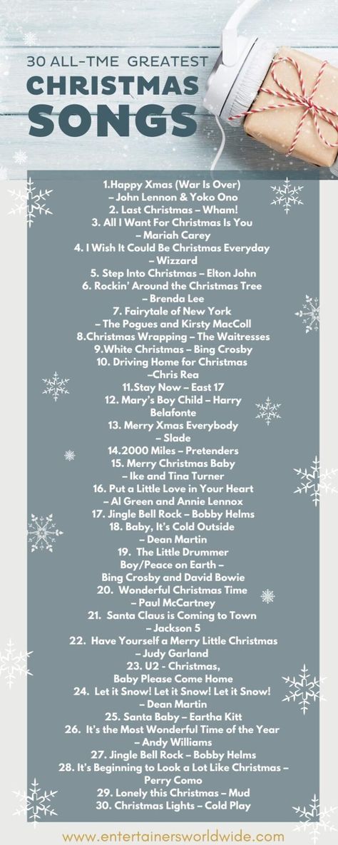 30 All-Time Greatest Christmas Songs Infographic | Entertainers Worldwide Alto Singers, List Of Christmas Songs, Christmas Songs List, Happy Playlist, Good Playlists, Best Christmas Songs, Xmas Songs, John Lennon Yoko Ono, Music List