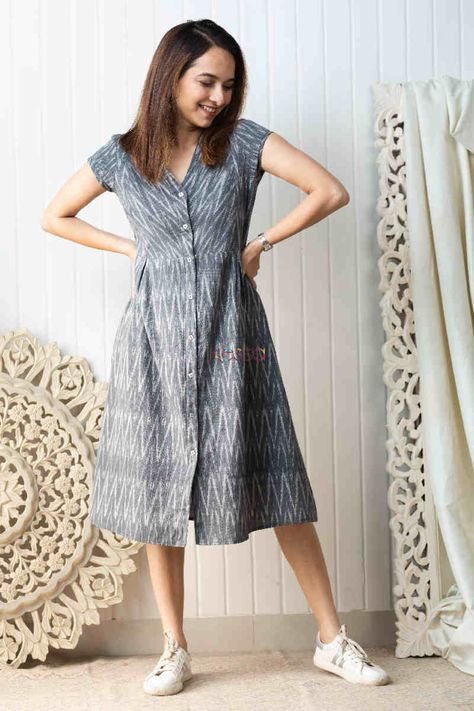 Kessa Kcb47 Livia Ikkat Mid Length Dress Look 1 Ikkat Outfits Indian Fusion, Cotton Ikkat Dress Designs, Simple Aline Dress Pattern, Shirt Dress Patterns For Women, Ajarak Print Dress Design, Aline Frock Design, Ikkat Dresses Designs, Aline Frocks For Women, Aline Dresses For Women