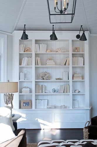 Peeking thru The Sunflowers: TGIF!!!! Bookcase Shelves Ideas, Book Case Lighting Ideas, Beach House Bookshelf, Beachy Library, Beachy Bookshelf, Hamptons Library, White Built In Bookcase, Book Case Ideas Living Room, Book Shelves In Living Room