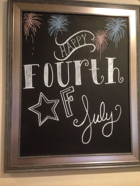 Fourth of July chalkboard art July Calligraphy, Fourth Of July Chalkboard, Chalkboard Messages, Handwritten Signs, Spring Chalkboard Art, Holiday Chalkboard, Chalkboard Sayings, Chalkboard Art Diy, Spring Chalkboard