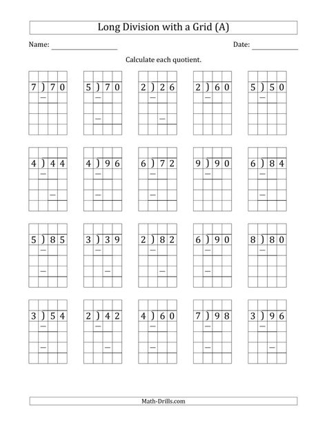 The 2-Digit by 1-Digit Long Division with Grid Assistance and Prompts and NO Remainders (A) Math Worksheet Long Division Worksheets, Math Multiplication Worksheets, Math Division Worksheets, Letter Recognition Worksheets, Division Worksheets, Long Division, 4th Grade Math Worksheets, Mathematics Worksheets, Math Division