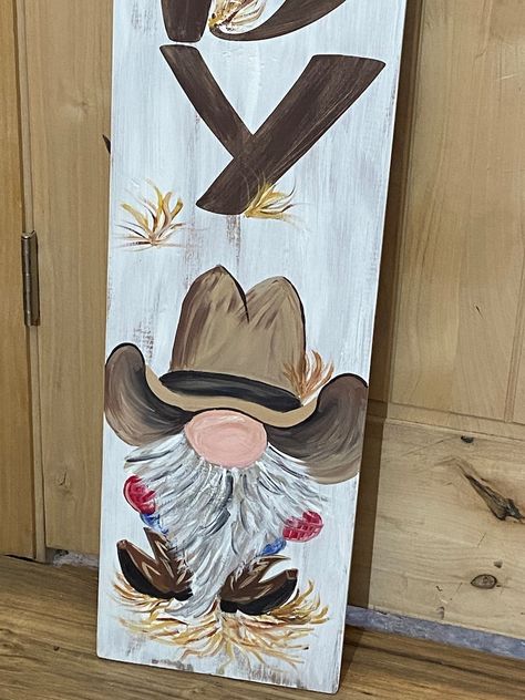 Rustic White With Western Gnome on Stained Board With Painted - Etsy Gnomes On Wood Boards, Sign Painting Ideas, Porch Boards Signs, Gnome Welcome Signs For Porch, Gnome Pallet Sign, Cowboy Gnome Painting, Barnwood Welcome Signs, Painted Gnomes, Amazon Pants