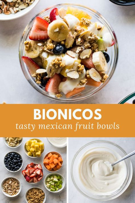 Looking down at a bowl of Bionicos, a Mexican Fruit Bowl. Mexican Fruit Cups With Cream, Sweet Mexican Breakfast, Mexican Yogurt With Fruit, Mexican Fruit Bowl, Strawberry Blueberry Salad, Sweet Cream Sauce, Breakfast Fruit Bowl, Mexican Fruit Cups, Healthy Breakfast Items