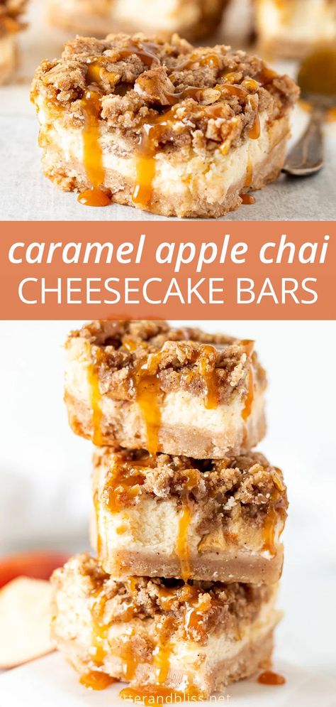 Chai Cheesecake, Spiced Shortbread, Cinnamon Shortbread, Apple Crumble Topping, Chocolate Swirl Cheesecake, Cheesecake Baked, Oatmeal Apple, Apple Cheesecake Bars, Apple Chai