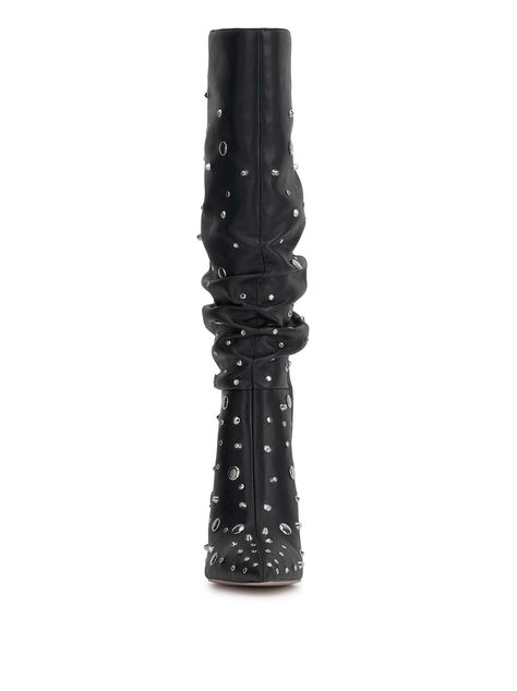 Product Description Kitten Heel Studded Slouch Boot Product Details Heel Height: 2.4" Shaft Height: 16.9" Shaft Circumference: 14.6" Faux Leather Imported Black Studs, Edgy Aesthetic, Black Stud, Pointed Toe Boots, Studded Boots, Slouched Boots, Knee High Leather Boots, Wide Calf, Kitten Heel