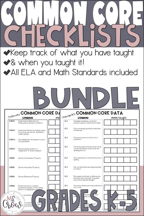 Common-Core-Standards-Checklists-kindergarten-1st-grade-2nd-grade-3rd-grade-4th-grade-5th-grade Elementary School Math Activities, Free Math Resources, Organized Classroom, Teaching Mathematics, Teacher Helper, Classroom Procedures, Classroom Culture, State Testing, Teacher Products